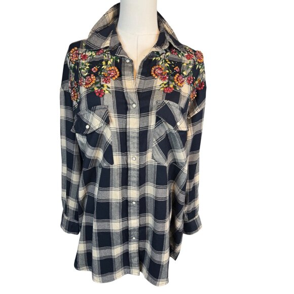 2/$30 ZARA S Plaid Navy Blue Longline Shirt Jacket Floral Beading & Snaps - Picture 15 of 16